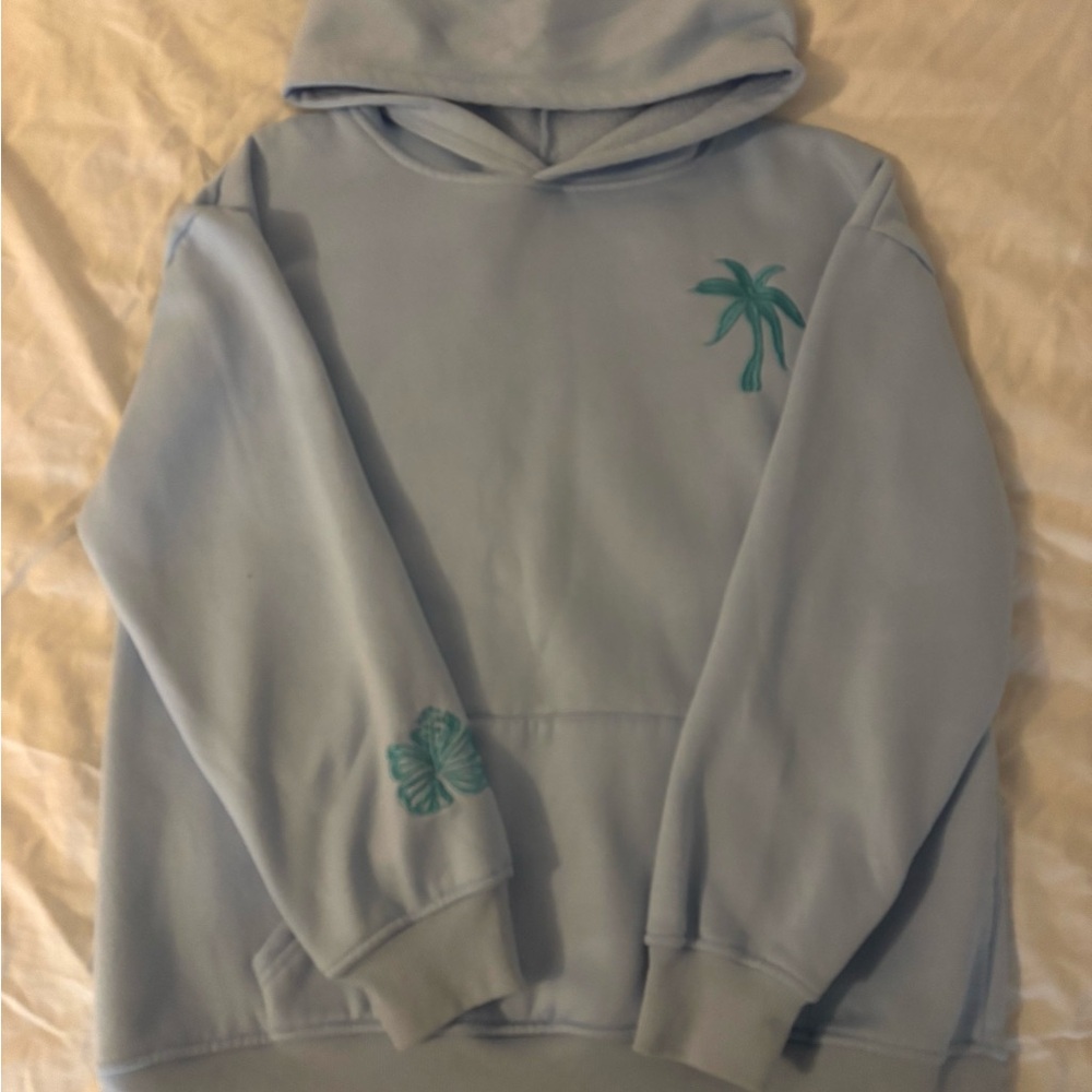 Sky Blue Hoodie with Embroidered Palm and Butterfly